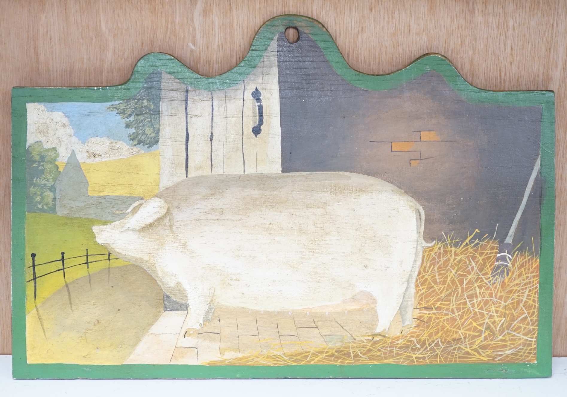 20th century, Naive school, oil on board, Pig in a barn, together with a colour print of a cockerel, largest, 29 x 29cm. Condition - fair